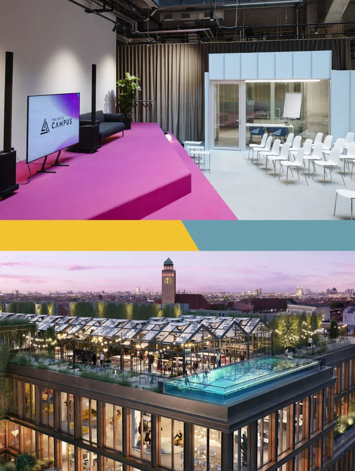 Der The Delta Campus in Berlin-Neukölln: Event-Fläche mit Bühne und Stuhlreihen sowie der begrünte Rooftop mit Pool und Blick über die Stadt